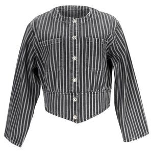 Chanel Striped Button-Down Denim Jacket in Black Cotton